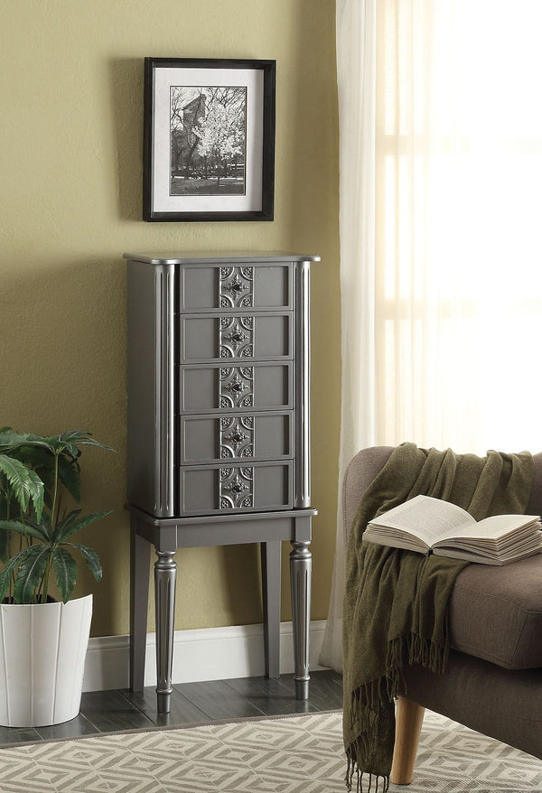 KD Leg, 4 Drw Top: Lid w/Mirror, Jewelry Storage & Cord mgmt: PreCut Hole (Velvet Lined) Side Doors w/Jewelry Storage (Hooks/Velvet Lined) Drawer: GLIDE Side Wood, Felt-Lined Drawers Wooden Fluted/Tapered Legs Anti-Tipping Strap Included<br/><br/><b>Produ