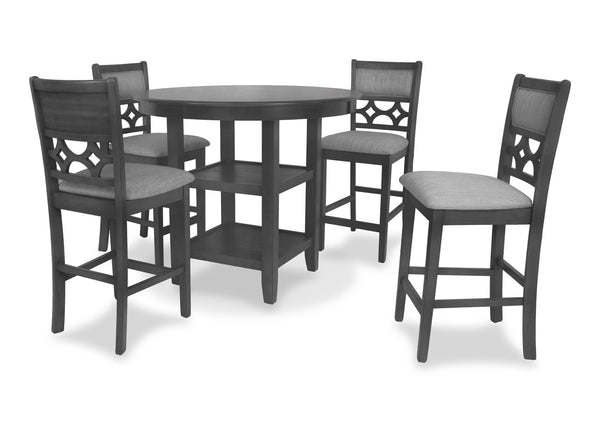 The graceful Mitchell 5 Piece Counter Dining Table and Chair Set is built with durability and comfort in mind. This dining set provides spacious seating for four and two handy storage shelves located under the table top to store dinnerware or decor. The d