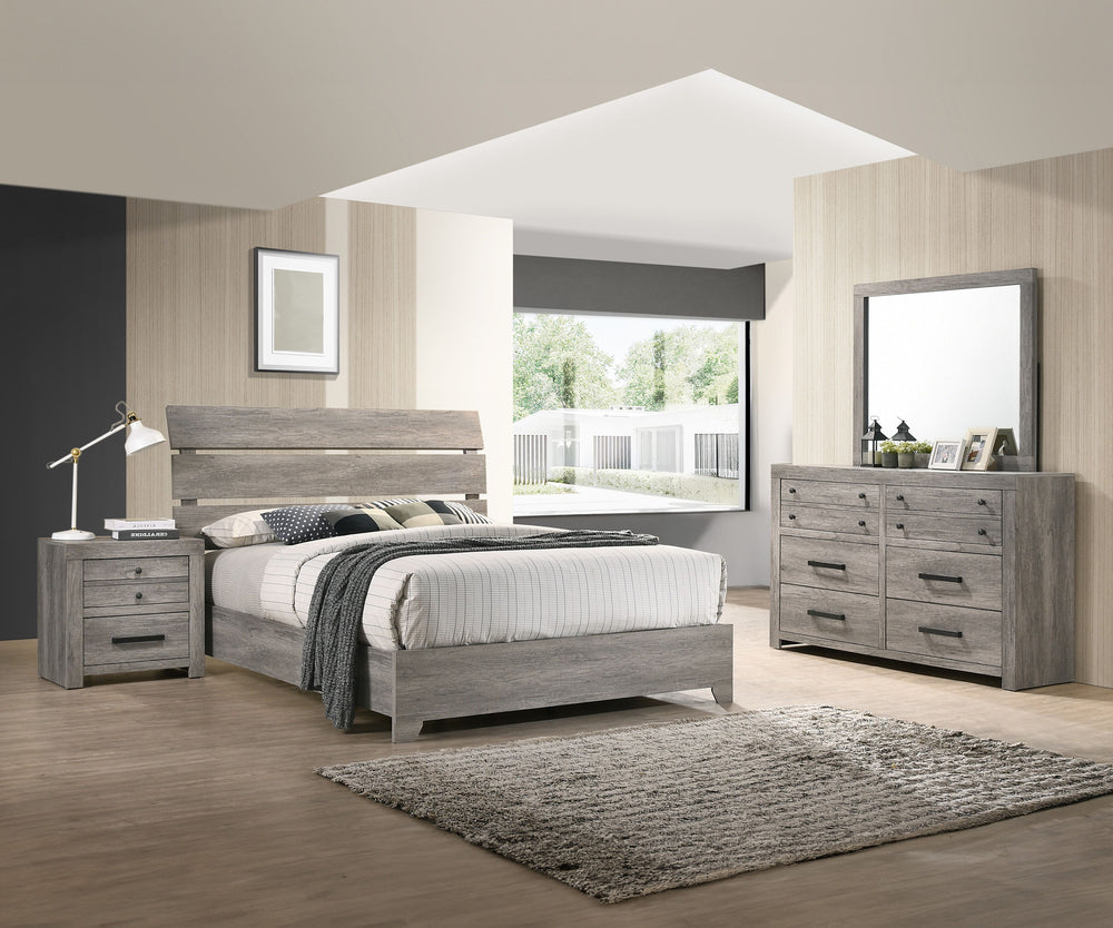 This bedroom set presents a harmonious blend of rustic charm and streamlined design, showcasing a weathered gray finish that brings a tranquil, grounding atmosphere to any sleeping space. The ensemble includes a robust bed frame with a striking headboard 