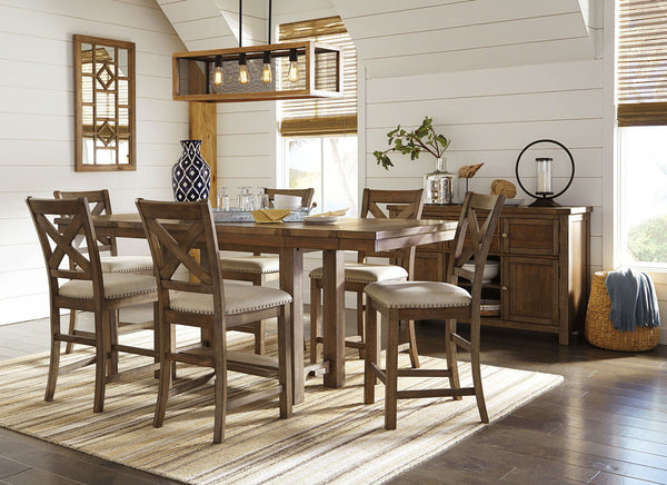 Made with Rubberwood solids and Acacia veneers. Casual rustic design with planked effect on table top. Table extends to fit 8 with two end leaves. Alternate seating available with the cushioned bench. Matching server offers plenty of storage options. Coll