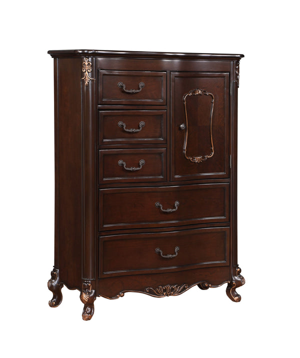 The Constantine Five Drawer Chest by Royal Classics is a masterful blend of elegance and functionality. This vertical chest, finished in rich Cherry, is crafted from a blend of Solid Pine and Fancy Face Birch Veneers, ensuring heirloom quality and endurin