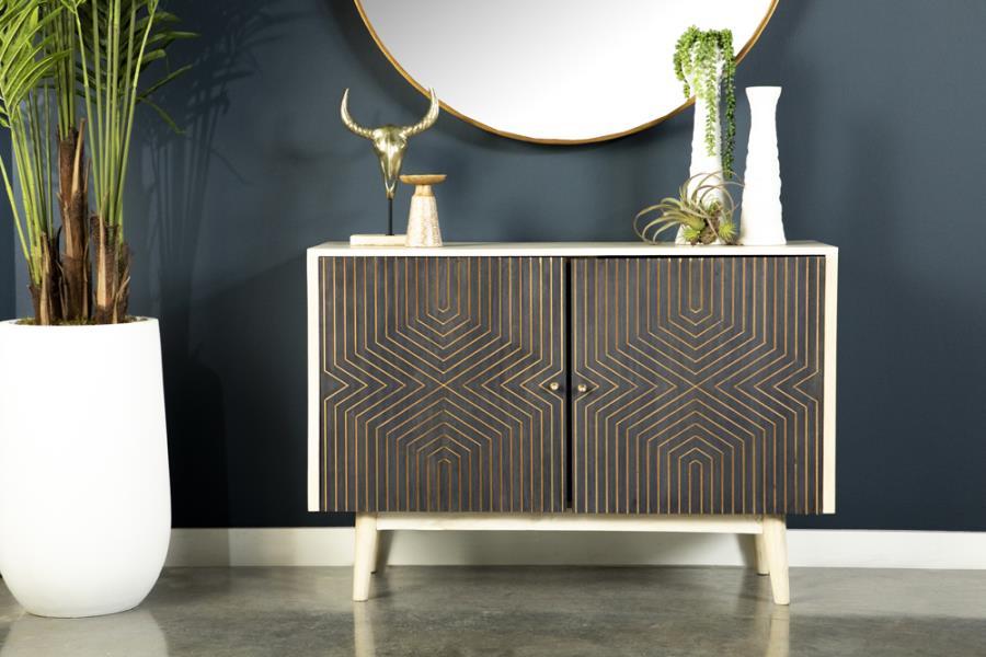 Add a bold statement to your space with this two-door accent cabinet, showcasing a striking black and gold geometric design against a whitewashed mango wood frame. The solid mango wood construction ensures durability, while the gold inlay diamond pattern 