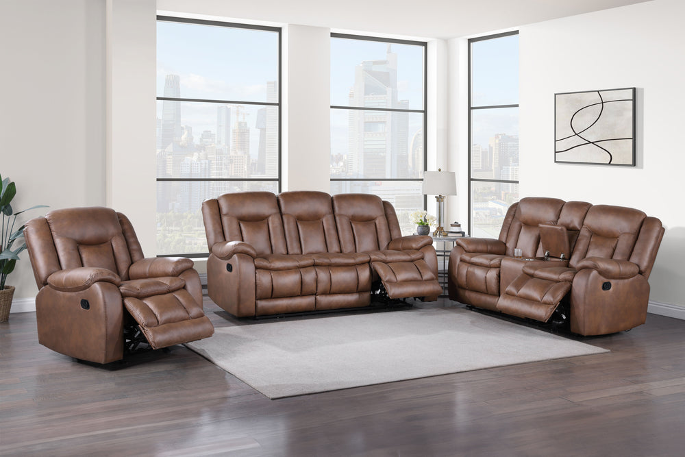 The Morello 3 Piece Reclining Sofa, Console Loveseat, and Glider Recliner in Brown offers an exceptional blend of comfort and style, making it a perfect addition to any living room. This set includes a couch, a console loveseat, and a recliner, all uphols