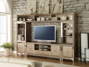 The Voeville collection brings Contemporary sophisticated and bright style that will make any living room area look visually bigger. This set includes a shelf bridge, and two side piers offering plenty of space to keep entertainment components or your fav