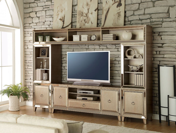 The Voeville collection brings Contemporary sophisticated and bright style that will make any living room area look visually bigger. This set includes a shelf bridge, and two side piers offering plenty of space to keep entertainment components or your fav