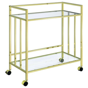 Welcome guests and serve up libations with this sleek contemporary bar cart. A rectangular silhouette outlined in a slim, square metal frame lends an Art Deco-inspired aesthetic to dining spaces and more. The polished, metallic finish elevates it even fur