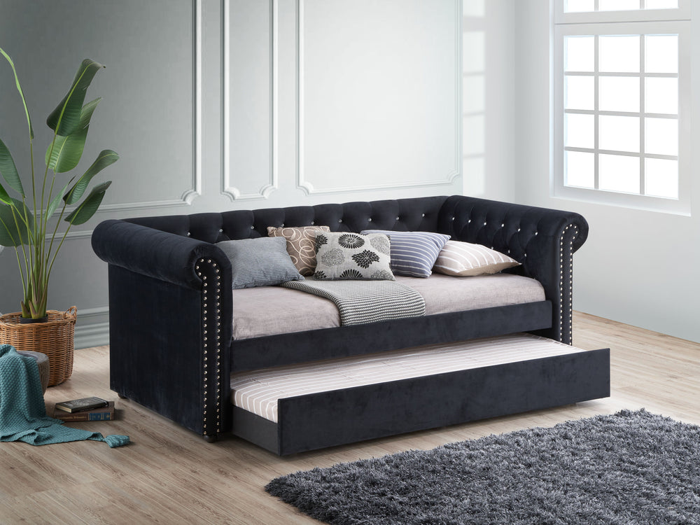 Ellie - Daybed - Black<h4><b>Ellie - Daybed Arm Slat Side Rail - Black</b></h4> <table width="100%"><colgroup><col style="width: 30%"> <col style="width: 70%"> </colgroup> <tbody> <tr> <td>Dimensions</td> <td> 96.06"L x 43.50"D x 37.20"H</td> </tr> <tr> <