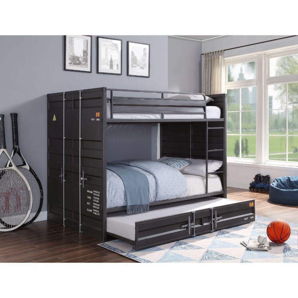 The Cargo bunk bed and trundle is the perfect addition to any childâ€™s room. This contemporary container themed metal bunk bed is crafted with an industrial look that is an ideal addition to your bedroom. The bed is accented with recessed panel design an
