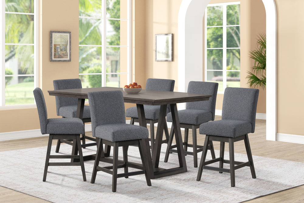 The High Line 7 Piece Counter Dining Set with Swivel Stools combines style, durability, and comfort. This set includes a counter-height trestle table and six gray swivel counter chairs, offering both functionality and a modern look. Crafted from solid Aca