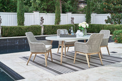 This set is a beautiful addition to any outdoor living space. Resin wicker on an aluminum frame. Wood look paint finish. Nuvella premium high performance fabric. Tempered glass top tables. Stainless steel hardware. <h4><b>Seton Creek - White - Oval Dining