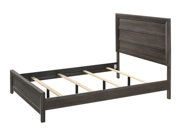  featuring a muted gray finish that complements its clean and contemporary design. The robust bed frame anchors the room with a sense of sturdiness and style. Accompanying the bed are coordi