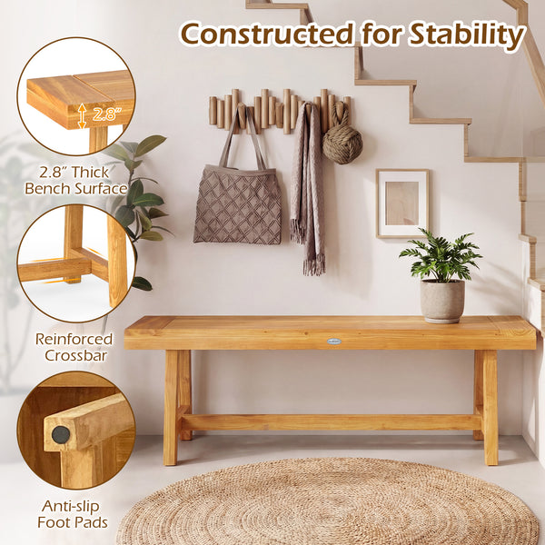 High-quality teak wood provides exceptional strength<br>Natural wood grain for a touch of warmth and elegance<br>63-inch length allows 3 people to sit comfortably<br>Ideal complement for family meals and gatherings<br>Reinforced crossbars add to overall s