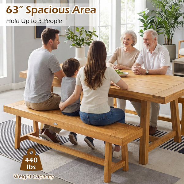 High-quality teak wood provides exceptional strength<br>Natural wood grain for a touch of warmth and elegance<br>63-inch length allows 3 people to sit comfortably<br>Ideal complement for family meals and gatherings<br>Reinforced crossbars add to overall s