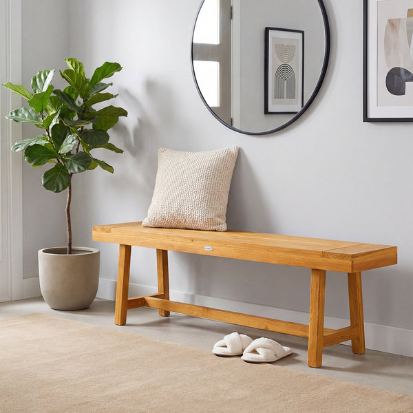 High-quality teak wood provides exceptional strength<br>Natural wood grain for a touch of warmth and elegance<br>63-inch length allows 3 people to sit comfortably<br>Ideal complement for family meals and gatherings<br>Reinforced crossbars add to overall s