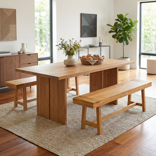 High-quality teak wood provides exceptional strength<br>Natural wood grain for a touch of warmth and elegance<br>63-inch length allows 3 people to sit comfortably<br>Ideal complement for family meals and gatherings<br>Reinforced crossbars add to overall s