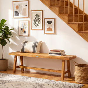 High-quality teak wood provides exceptional strength<br>Natural wood grain for a touch of warmth and elegance<br>63-inch length allows 3 people to sit comfortably<br>Ideal complement for family meals and gatherings<br>Reinforced crossbars add to overall s
