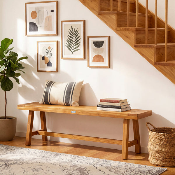 High-quality teak wood provides exceptional strength<br>Natural wood grain for a touch of warmth and elegance<br>63-inch length allows 3 people to sit comfortably<br>Ideal complement for family meals and gatherings<br>Reinforced crossbars add to overall s