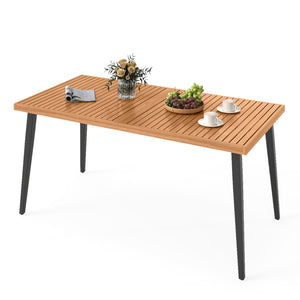 63" long table allows for 6 people to dine without feeling crowded<br>Acacia wood tabletop is solid  non-deformable and natural<br>Tapered metal legs contribute to a stable structure<br>Adjustable foot pads ensure the table fit uneven floor<br>Reinforced 