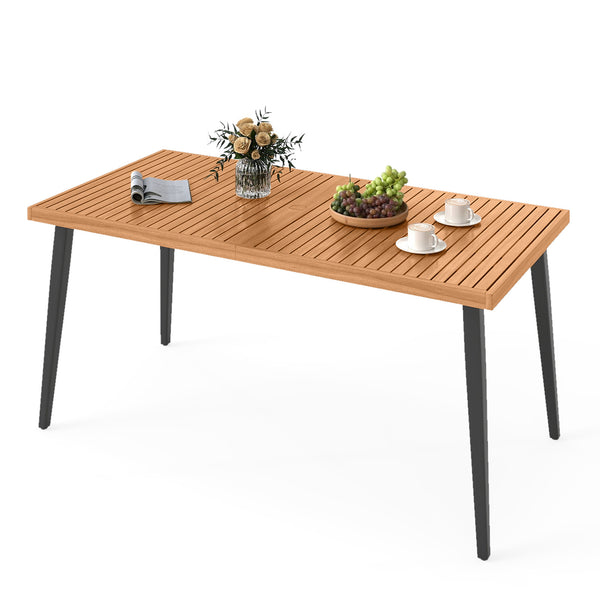63" long table allows for 6 people to dine without feeling crowded<br>Acacia wood tabletop is solid  non-deformable and natural<br>Tapered metal legs contribute to a stable structure<br>Adjustable foot pads ensure the table fit uneven floor<br>Reinforced 
