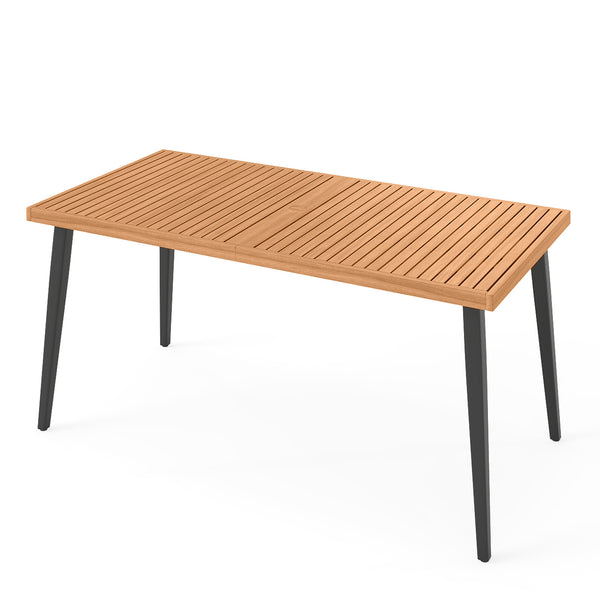63" long table allows for 6 people to dine without feeling crowded<br>Acacia wood tabletop is solid  non-deformable and natural<br>Tapered metal legs contribute to a stable structure<br>Adjustable foot pads ensure the table fit uneven floor<br>Reinforced 