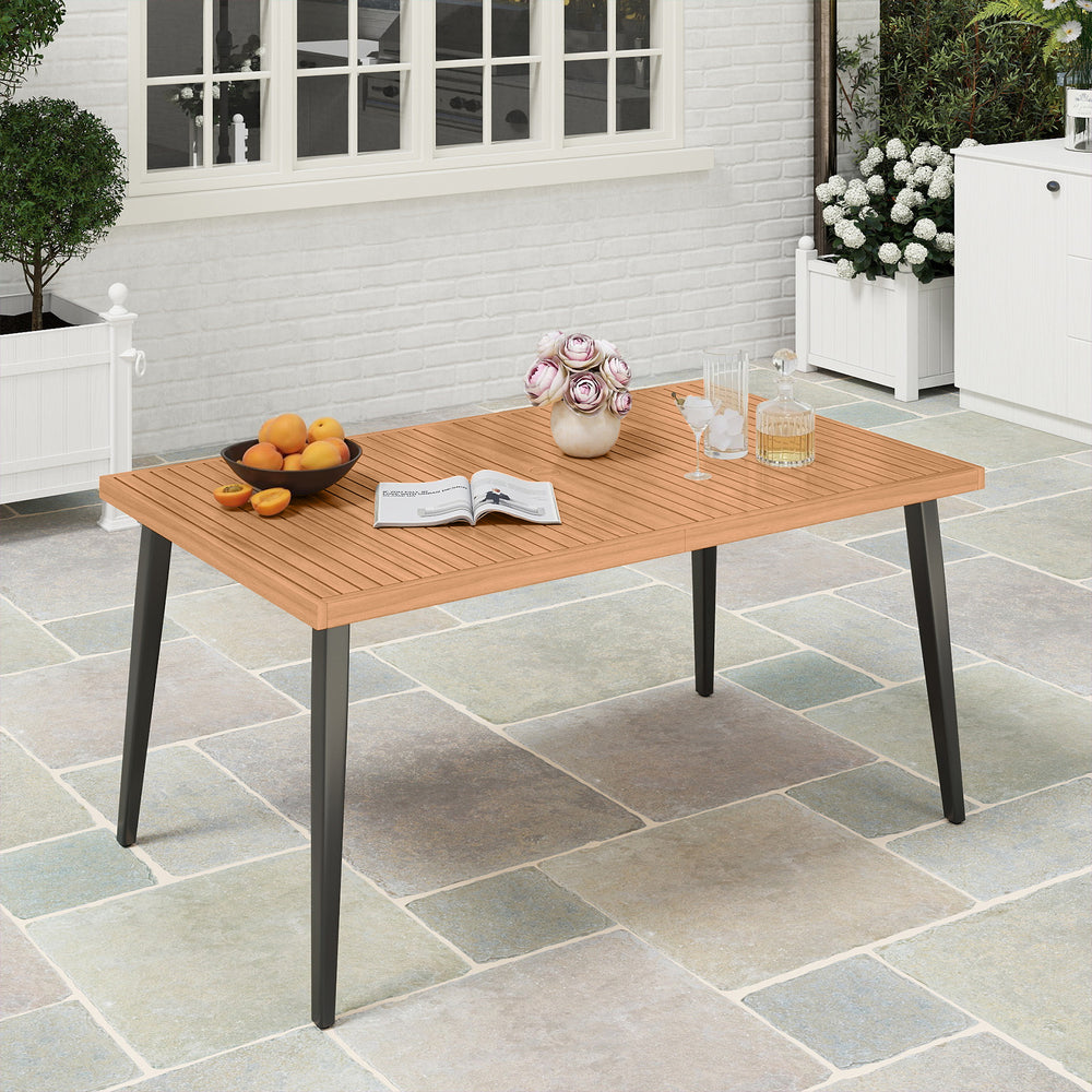 63" long table allows for 6 people to dine without feeling crowded<br>Acacia wood tabletop is solid  non-deformable and natural<br>Tapered metal legs contribute to a stable structure<br>Adjustable foot pads ensure the table fit uneven floor<br>Reinforced 