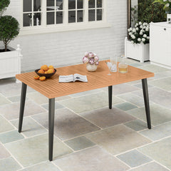 63" long table allows for 6 people to dine without feeling crowded<br>Acacia wood tabletop is solid  non-deformable and natural<br>Tapered metal legs contribute to a stable structure<br>Adjustable foot pads ensure the table fit uneven floor<br>Reinforced 