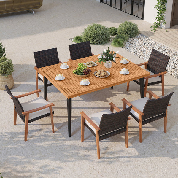 63" long table allows for 6 people to dine without feeling crowded<br>Acacia wood tabletop is solid  non-deformable and natural<br>Tapered metal legs contribute to a stable structure<br>Adjustable foot pads ensure the table fit uneven floor<br>Reinforced 