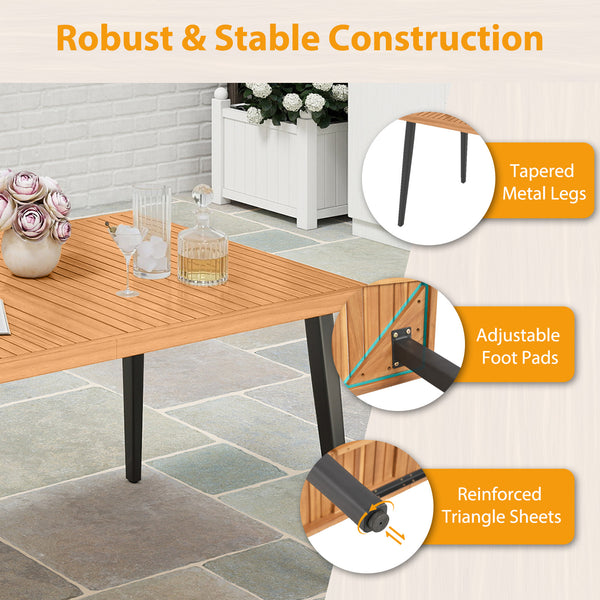 63" long table allows for 6 people to dine without feeling crowded<br>Acacia wood tabletop is solid  non-deformable and natural<br>Tapered metal legs contribute to a stable structure<br>Adjustable foot pads ensure the table fit uneven floor<br>Reinforced 