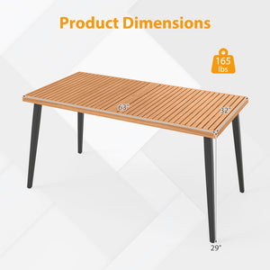 63" long table allows for 6 people to dine without feeling crowded<br>Acacia wood tabletop is solid  non-deformable and natural<br>Tapered metal legs contribute to a stable structure<br>Adjustable foot pads ensure the table fit uneven floor<br>Reinforced 