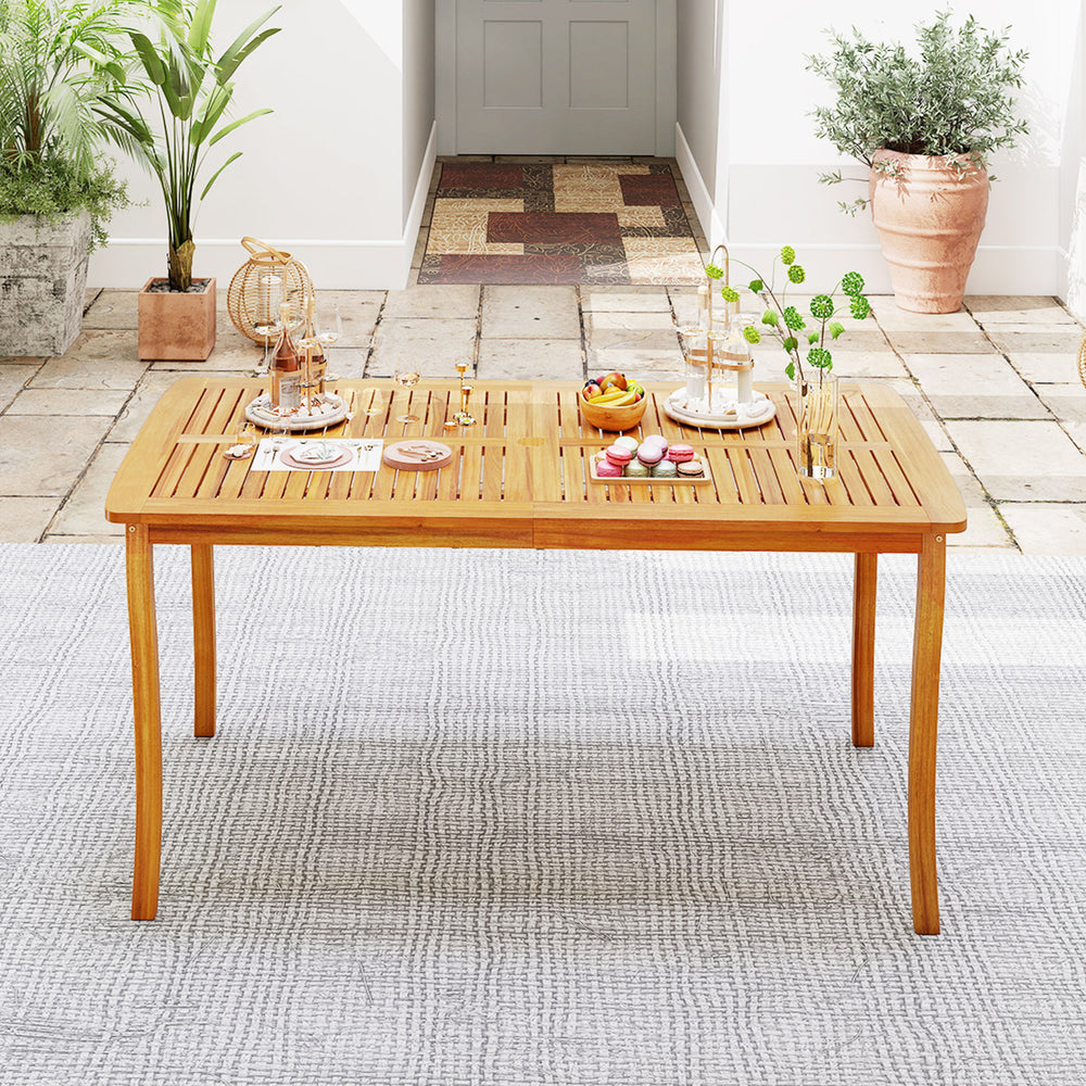 Acacia wood tabletop is solid and anti-cracking<br>Large dining table can comfortably seat up to 4 people without feeling cluttered<br>1.97" umbrella hole with cover allows you to add patio umbrella during sunny days<br>Slatted design ensures easy mainten