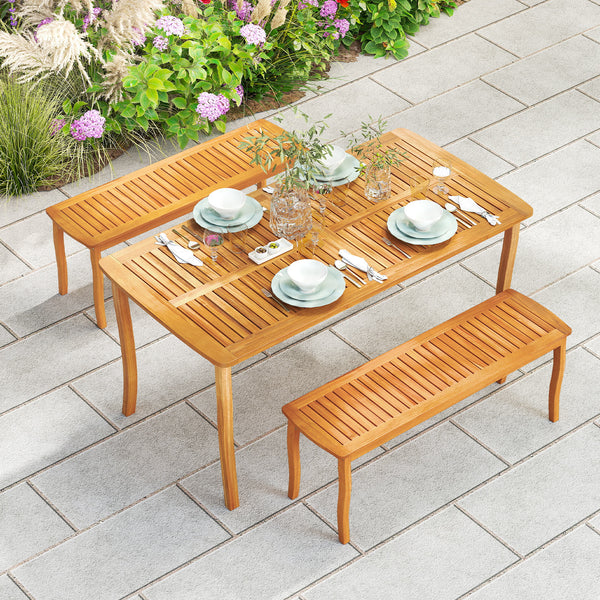 Acacia wood tabletop is solid and anti-cracking<br>Large dining table can comfortably seat up to 4 people without feeling cluttered<br>1.97" umbrella hole with cover allows you to add patio umbrella during sunny days<br>Slatted design ensures easy mainten