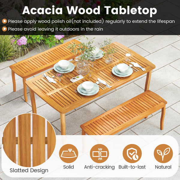 Acacia wood tabletop is solid and anti-cracking<br>Large dining table can comfortably seat up to 4 people without feeling cluttered<br>1.97" umbrella hole with cover allows you to add patio umbrella during sunny days<br>Slatted design ensures easy mainten