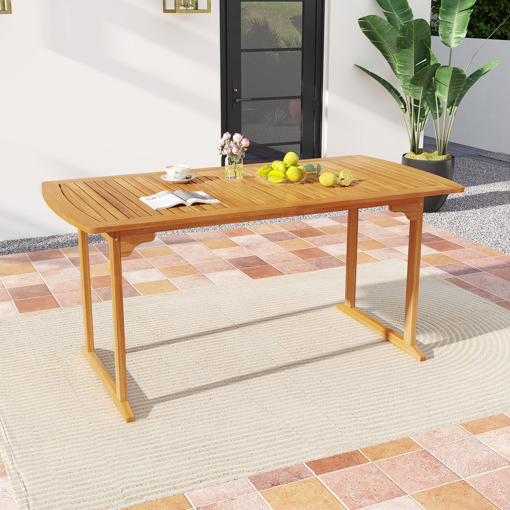 Spacious surface of the table holds dishes and decorations without feeling cluttered<br>Acacia wood tabletop is anti-cracking and built-to-last<br>Solid base keeps the large dining table stand stably<br>1.97" umbrella hole with cover offers a solution to 