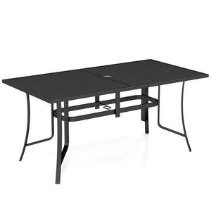 Spacious 63" x 33" tabletop comfortably seats up to 6 people<br>Built-in umbrella hole provides convenient shade support outdoors<br>Dual umbrella hole sizes fit most standard patio umbrellas (not included)<br>Bottom fixing hole keeps umbrella pole stable