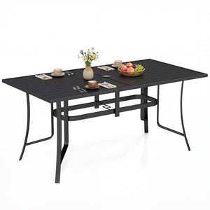 Spacious 63" x 33" tabletop comfortably seats up to 6 people<br>Built-in umbrella hole provides convenient shade support outdoors<br>Dual umbrella hole sizes fit most standard patio umbrellas (not included)<br>Bottom fixing hole keeps umbrella pole stable