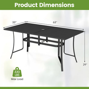Spacious 63" x 33" tabletop comfortably seats up to 6 people<br>Built-in umbrella hole provides convenient shade support outdoors<br>Dual umbrella hole sizes fit most standard patio umbrellas (not included)<br>Bottom fixing hole keeps umbrella pole stable