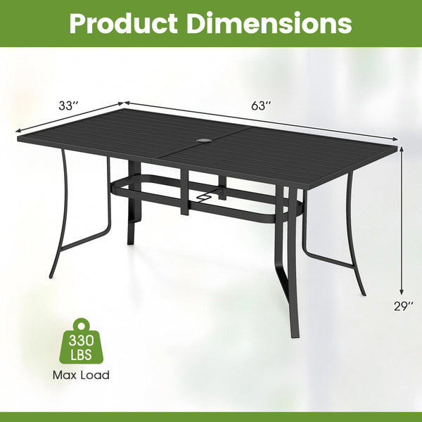 Spacious 63" x 33" tabletop comfortably seats up to 6 people<br>Built-in umbrella hole provides convenient shade support outdoors<br>Dual umbrella hole sizes fit most standard patio umbrellas (not included)<br>Bottom fixing hole keeps umbrella pole stable
