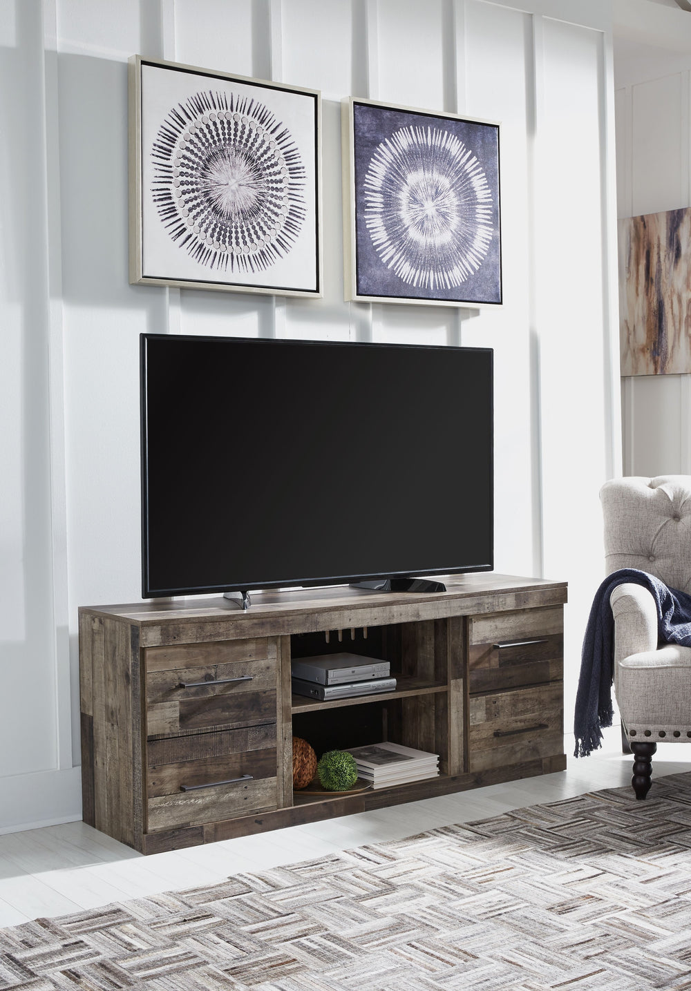 Make this TV stand with fireplace option the center of attention with its urban eclectic style. Its rustic finish over a replicated pine grain creates an authentic natural look for your home entertainment area. You-'ll love its functionality. Open and clo