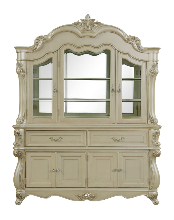  the Monique China Hutch in Champagne combines timeless elegance with heirloom-quality construction. Crafted from poplar solids and birch veneers