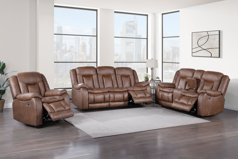 The Morello 3 Piece Power Reclining Sofa, Console Loveseat, and Glider Recliner in Brown is a standout choice for your living room. This set includes a power sofa, a power console loveseat, and a glider recliner, all upholstered in sumptuously soft 100% p