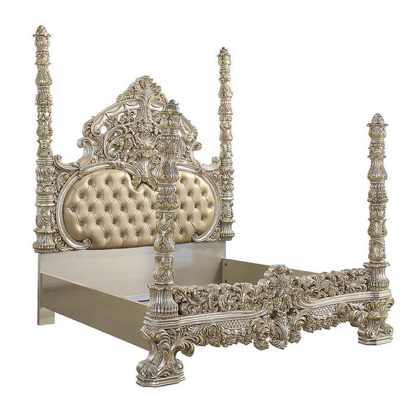 Feast your eyes upon the decadence and true luxury of the Danae collection of furniture! This striking bed defines opulence! Created to make a statement, this regal bed invites you to hold court in its divine carved curves and details. The Champagne finis