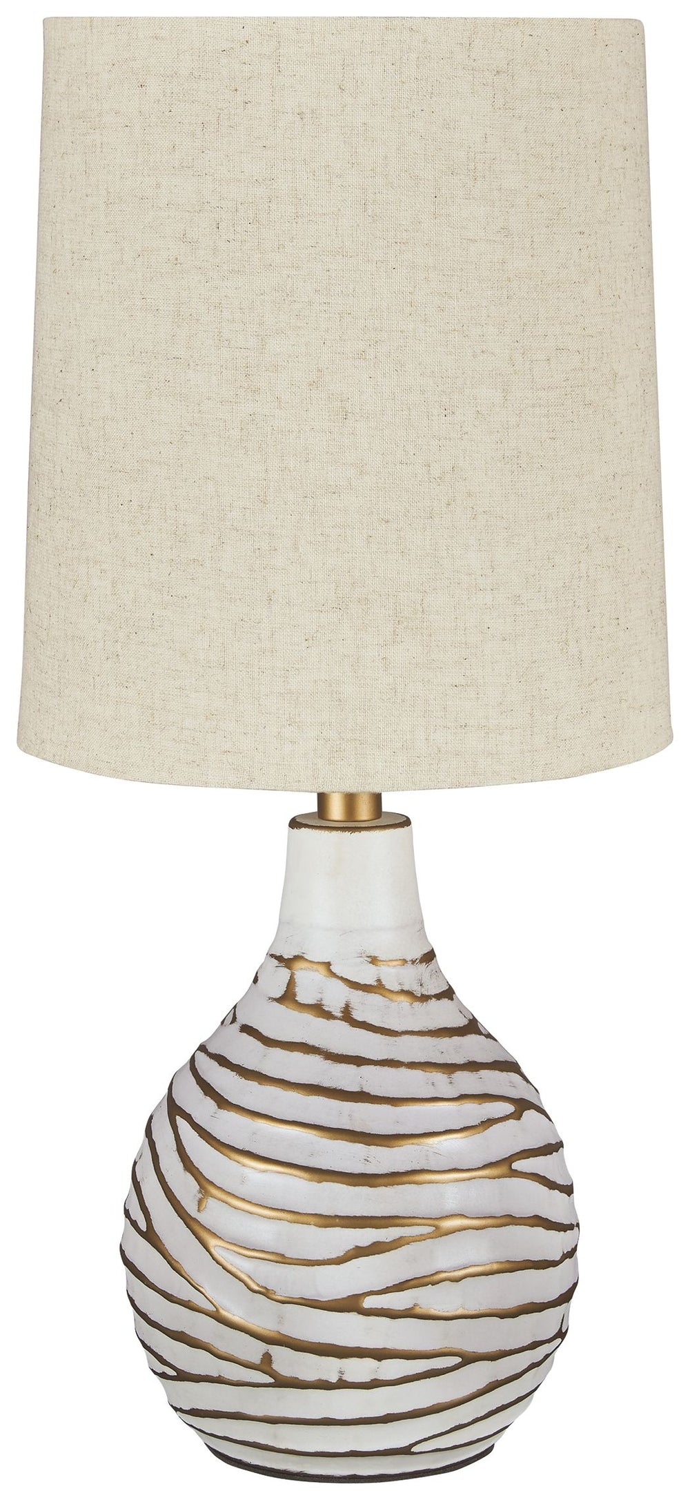 Shine a contemporary spotlight on your good taste with this table lamp. The antiqued white and goldtone finish of the metal lamp adds texture and interest to any space. With a modified drum shade, this light will illuminate your decor with style.<br><br><