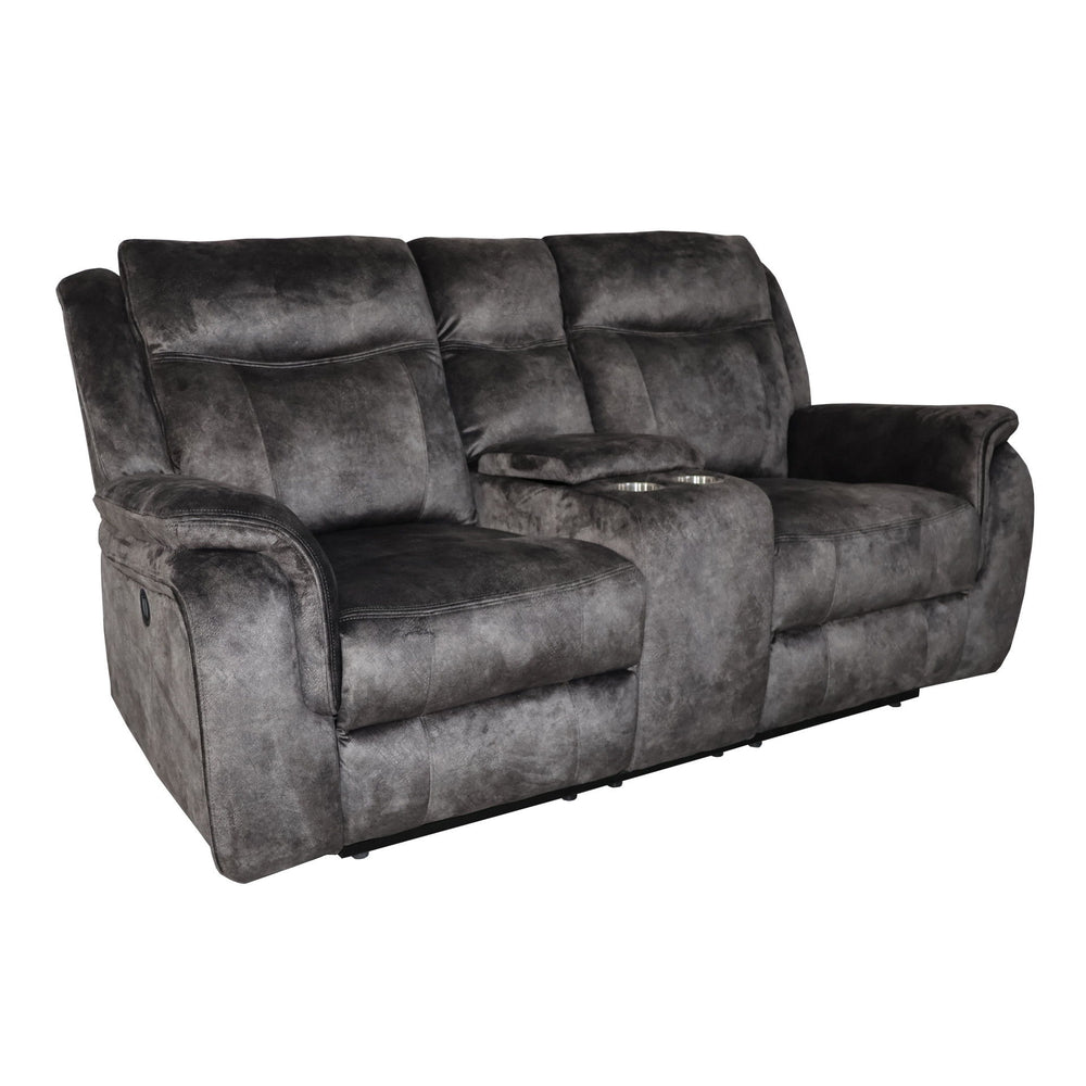 The Park City Power Dual Recliner Console Loveseat in Gray is designed to deliver long-lasting comfort and convenience with its durable craftsmanship and luxurious features. Constructed with a sturdy frame of premium hardwoods and plywood, this loveseat p
