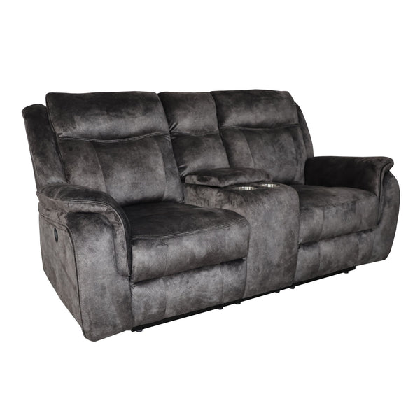 The Park City Power Dual Recliner Console Loveseat in Gray is designed to deliver long-lasting comfort and convenience with its durable craftsmanship and luxurious features. Constructed with a sturdy frame of premium hardwoods and plywood, this loveseat p