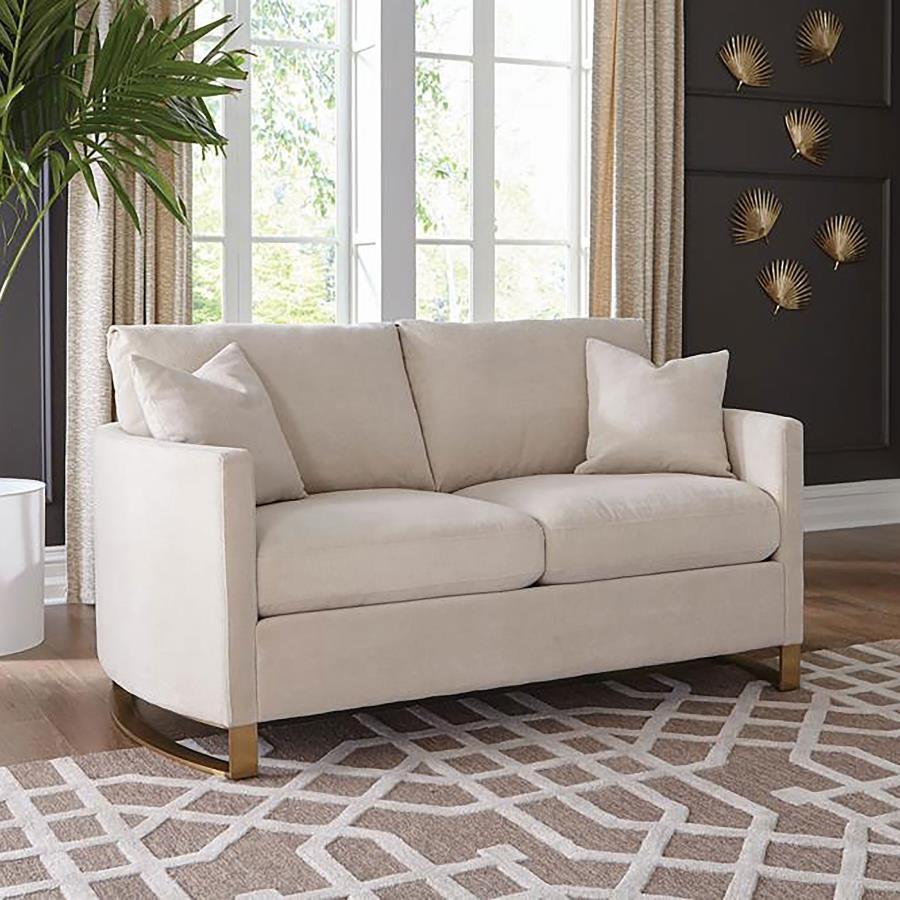 Opulent materials provide optimal comfort in this lush loveseat. It-'s crafted with kiln-dried solid pine wood, velvet, and foam and features accent pillows for added style and comfort. Reversible cushioned feather blend seat backs offer soothing comfort 