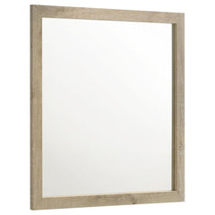 This rectangular mirror enhances bedroom depth and brightness with its sturdy weathered oak frame. Constructed from engineered wood and a scratch-resistant veneer, it offers both durability and rustic charm. Its warm, natural tones complement transitional