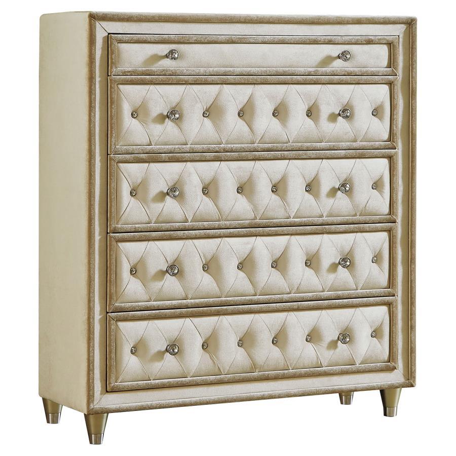 This five-drawer chest is ornately designed with French Provincial decor in mind. The perfect blend of traditional and modern, this upholstered chest comes in a gorgeous ivory and camel color. Button tufting makes this chest a masterpiece with its crystal