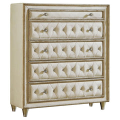 This five-drawer chest is ornately designed with French Provincial decor in mind. The perfect blend of traditional and modern, this upholstered chest comes in a gorgeous ivory and camel color. Button tufting makes this chest a masterpiece with its crystal