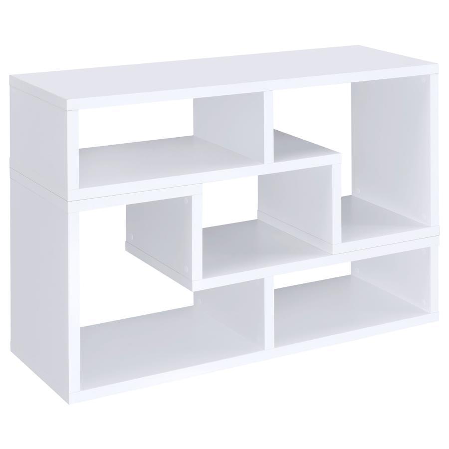 Perfect for a variety of uses, this two-piece bookcase and TV console is fabulously versatile. It allows you to switch between various bookcase and TV stand configurations for your convenience. Bold, L-shaped shelves are arranged in striking geometric des