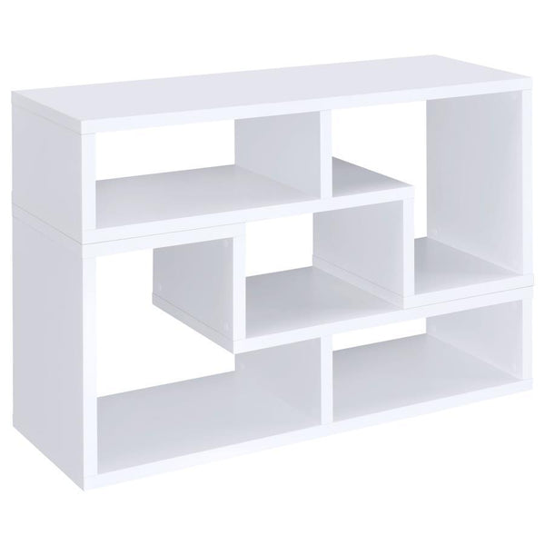 Perfect for a variety of uses, this two-piece bookcase and TV console is fabulously versatile. It allows you to switch between various bookcase and TV stand configurations for your convenience. Bold, L-shaped shelves are arranged in striking geometric des